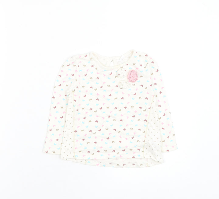 TU Girls White Floral Cotton Basic T-Shirt Size 12-18 Months Round Neck Pullover