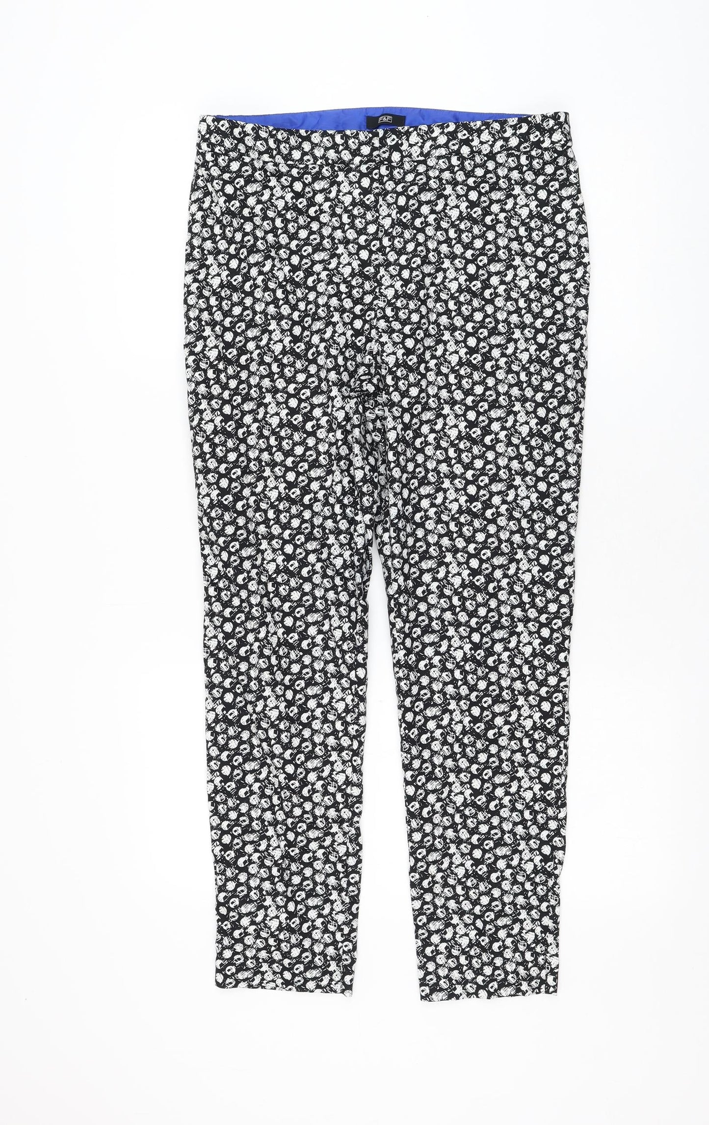 F&F Womens Black Geometric Cotton Carrot Trousers Size 12 L27 in Regular Zip