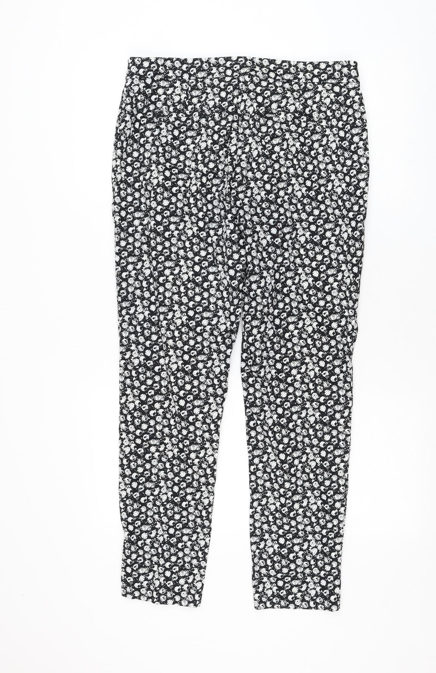F&F Womens Black Geometric Cotton Carrot Trousers Size 12 L27 in Regular Zip