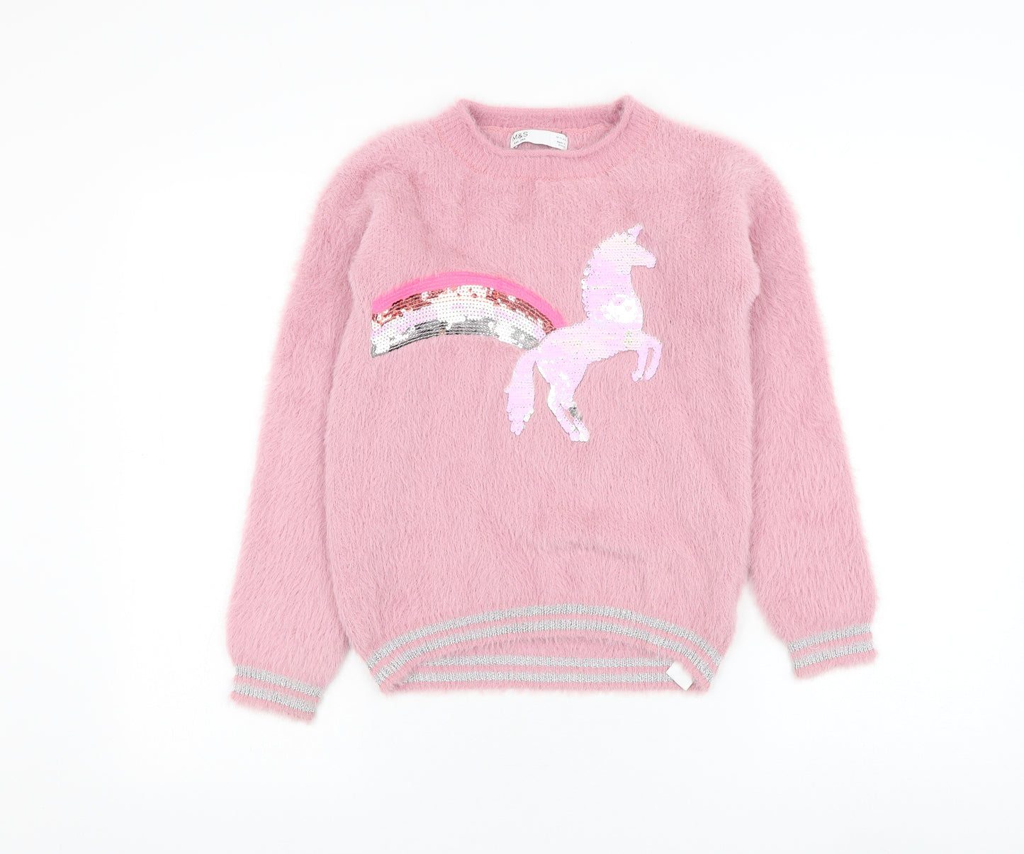 Marks and Spencer Girls Pink Round Neck Polyamide Pullover Jumper Size 10-11 Years Pullover - Unicorn