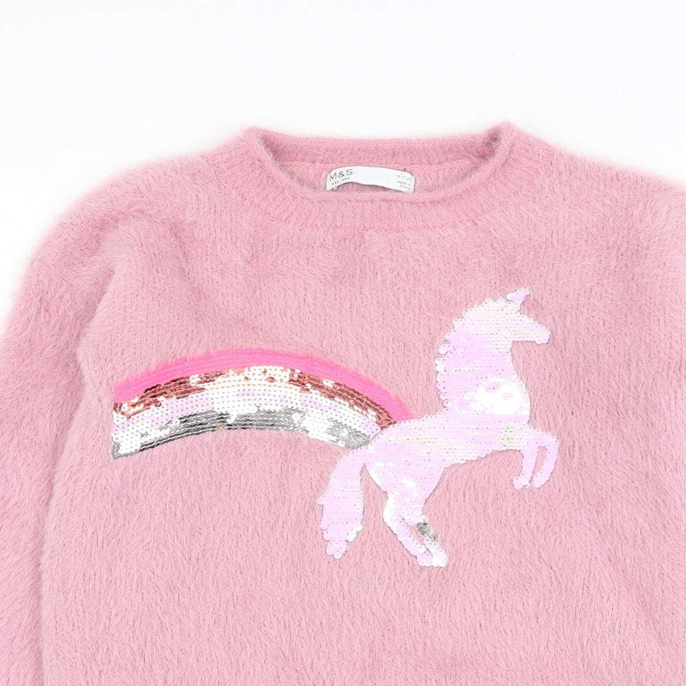 Marks and Spencer Girls Pink Round Neck Polyamide Pullover Jumper Size 10-11 Years Pullover - Unicorn