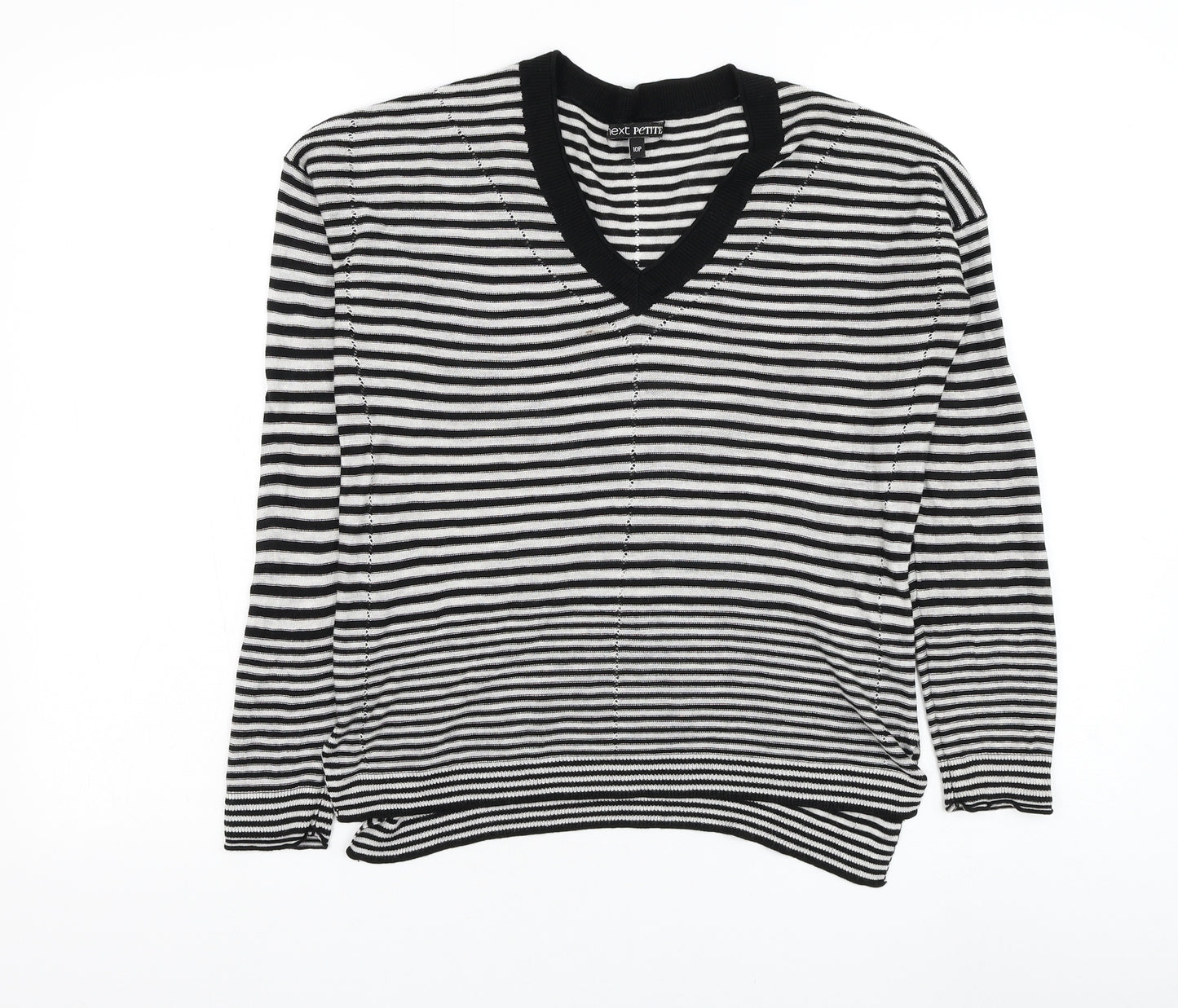 NEXT Womens Black V-Neck Striped Viscose Pullover Jumper Size 10