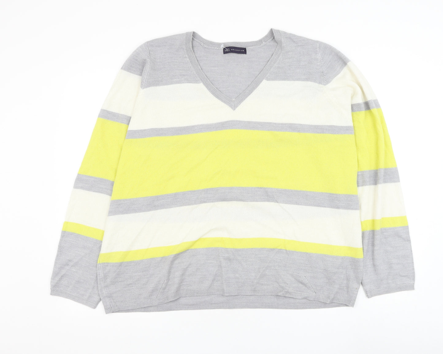 Marks and Spencer Womens Grey V-Neck Striped Acrylic Pullover Jumper Size 22