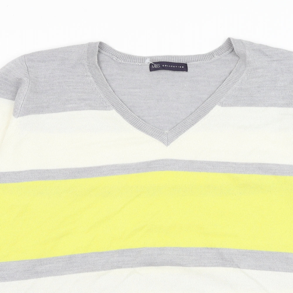 Marks and Spencer Womens Grey V-Neck Striped Acrylic Pullover Jumper Size 22