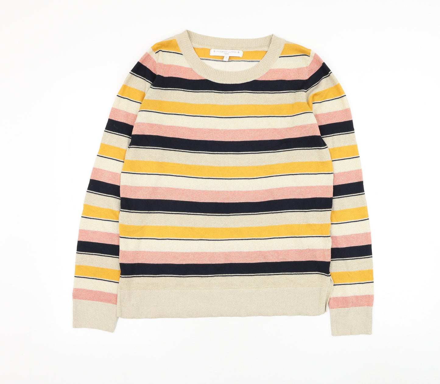 NEXT Womens Gold Round Neck Striped Polyester Pullover Jumper Size 8