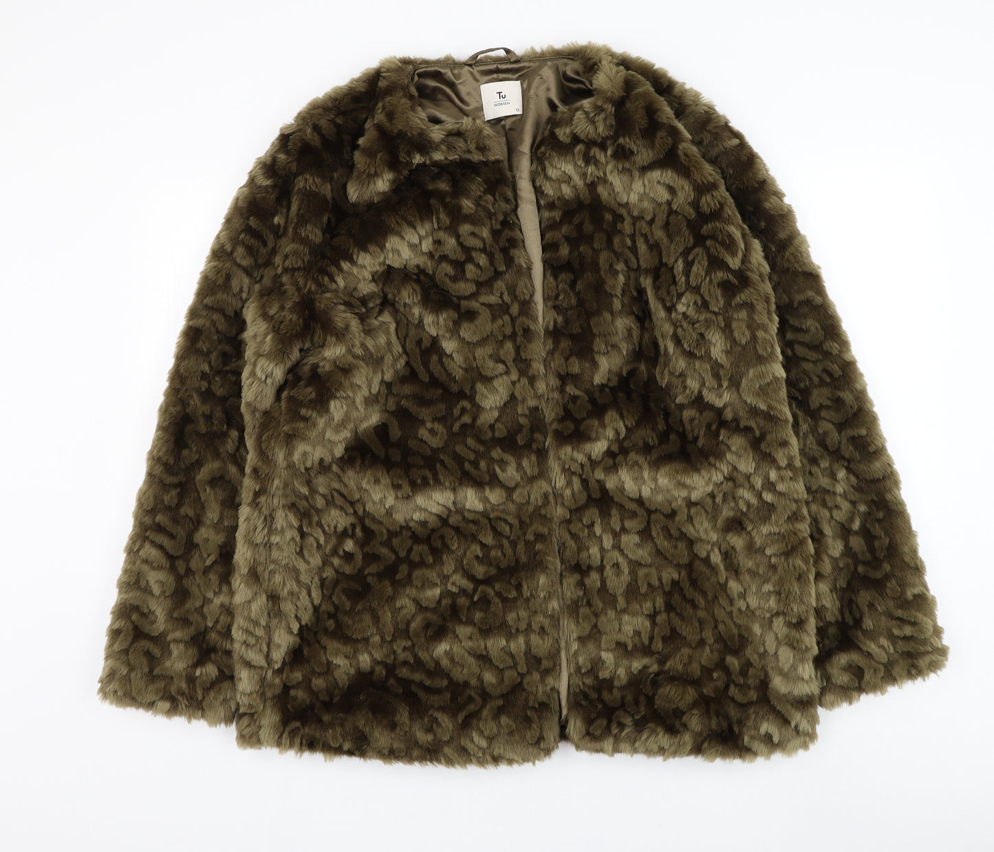 TU Womens Green Animal Print Overcoat Coat Size 12 Hook & Loop