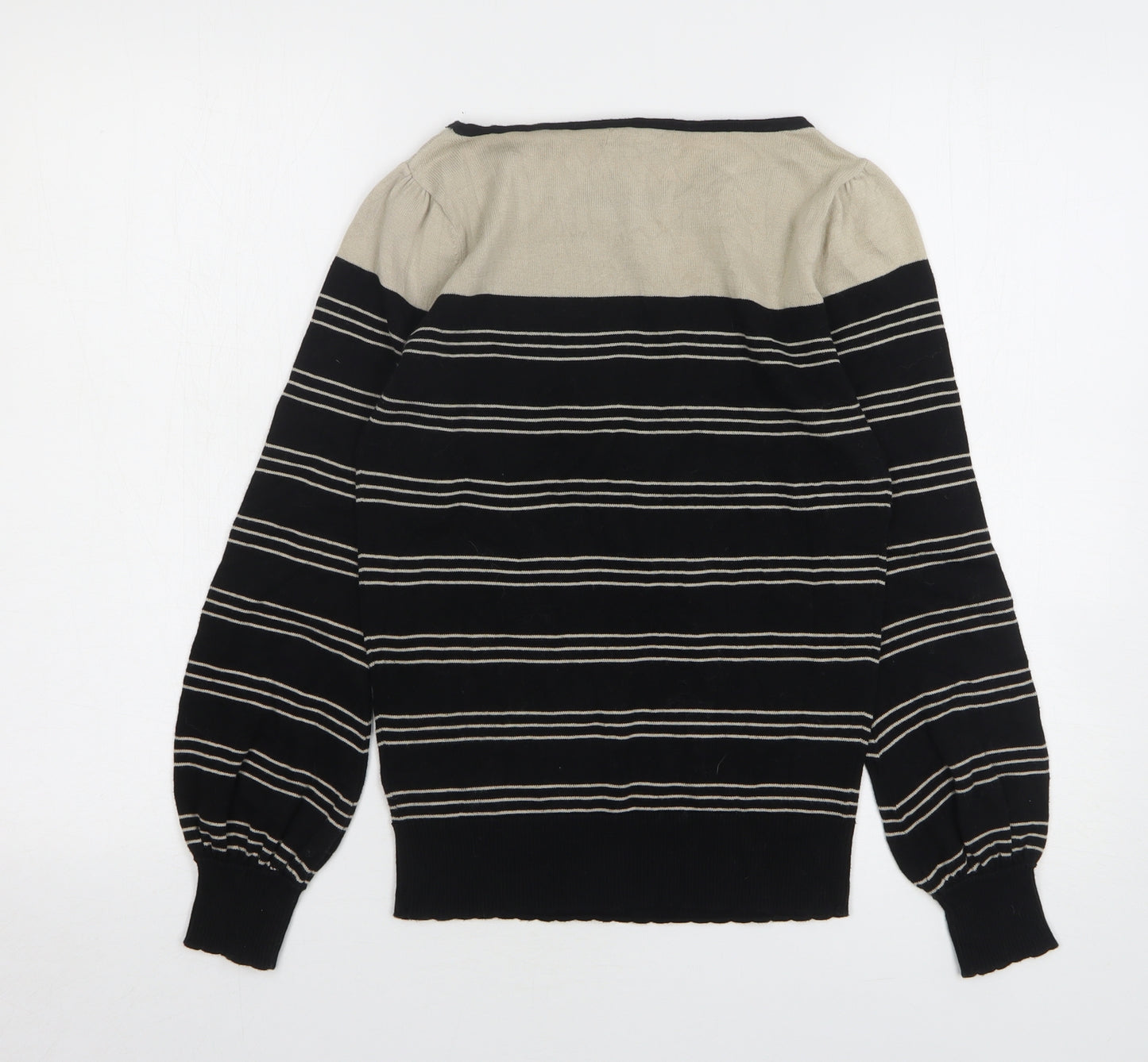 Monsoon Womens Black Round Neck Striped Cotton Pullover Jumper Size S