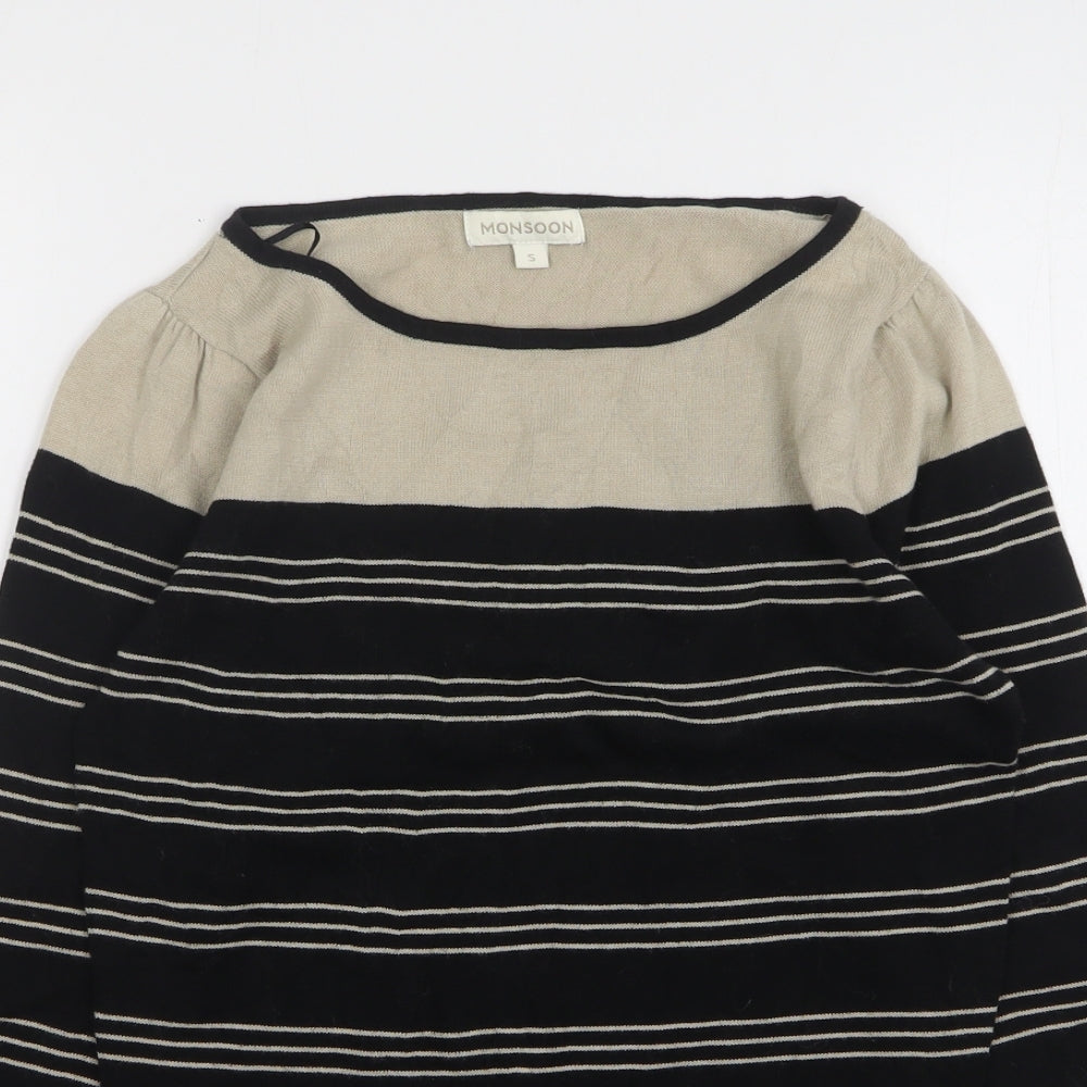 Monsoon Womens Black Round Neck Striped Cotton Pullover Jumper Size S