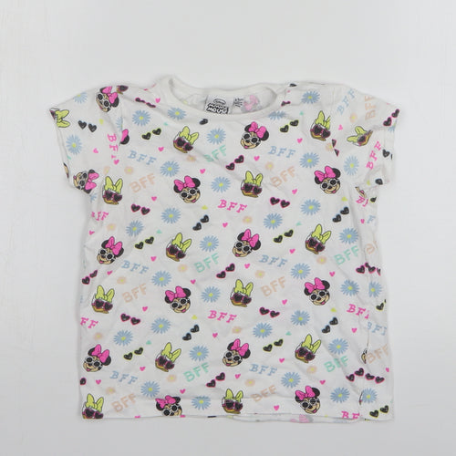 Primark Girls White Geometric Cotton Basic T-Shirt Size 4-5 Years Round Neck - Disney