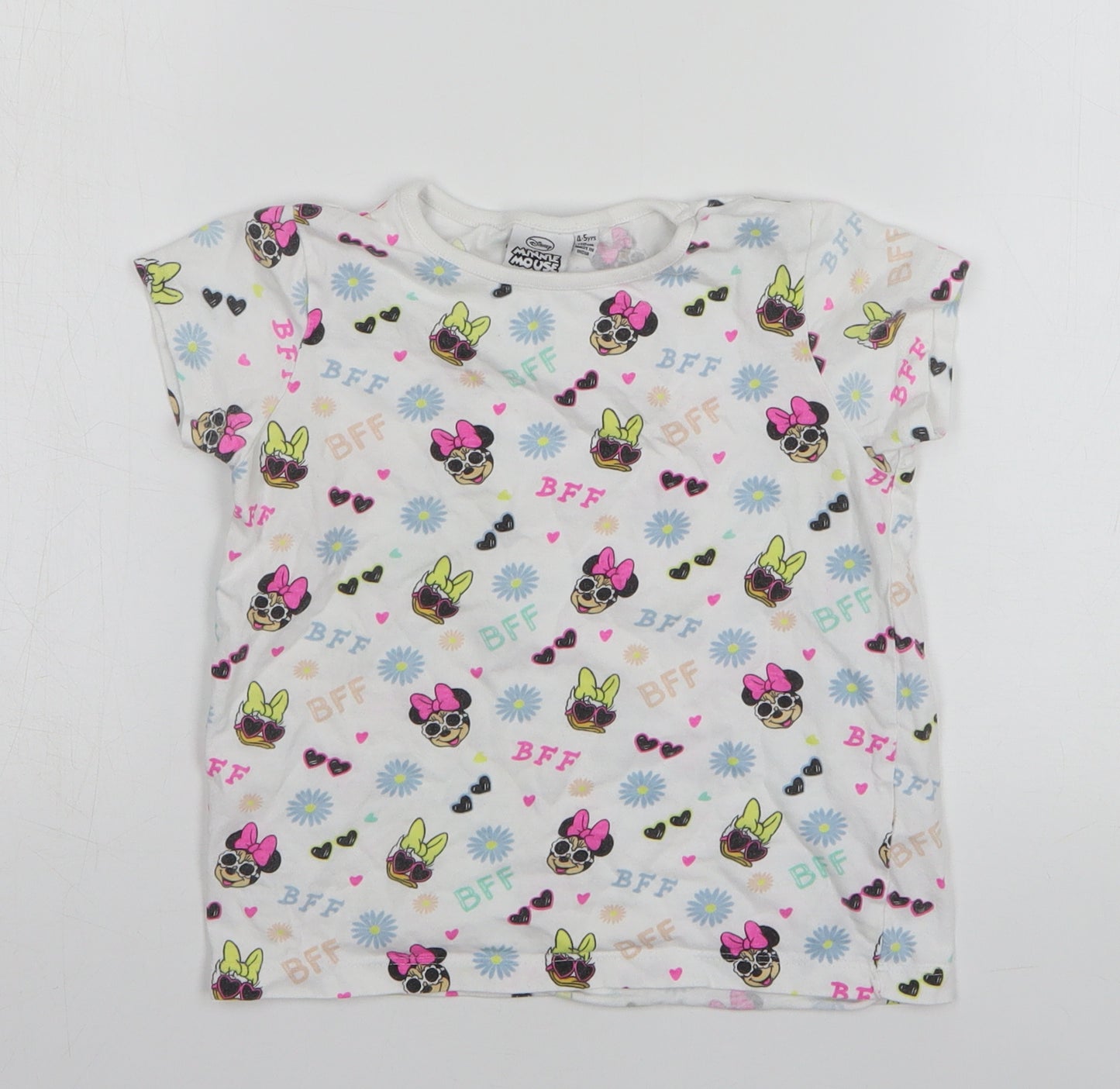 Primark Girls White Geometric Cotton Basic T-Shirt Size 4-5 Years Round Neck - Disney