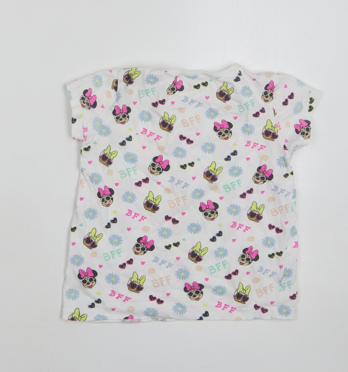 Primark Girls White Geometric Cotton Basic T-Shirt Size 4-5 Years Round Neck - Disney