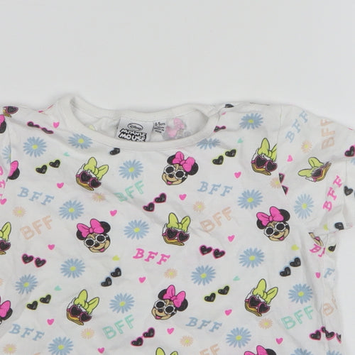 Primark Girls White Geometric Cotton Basic T-Shirt Size 4-5 Years Round Neck - Disney