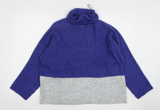Front view of F&F women’s blue roll neck polyester jumper, size M