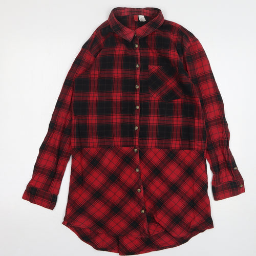 H&M Womens Red Plaid Cotton Shirt Dress Size 6 Collared