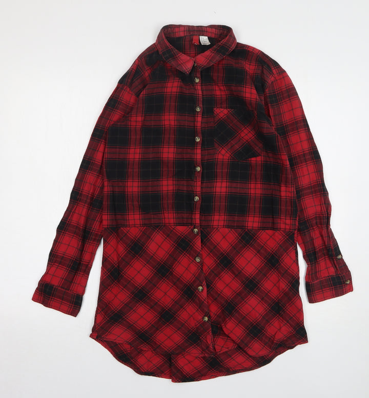 H&M Womens Red Plaid Cotton Shirt Dress Size 6 Collared