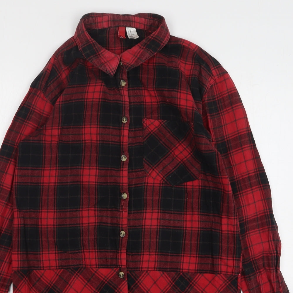 H&M Womens Red Plaid Cotton Shirt Dress Size 6 Collared
