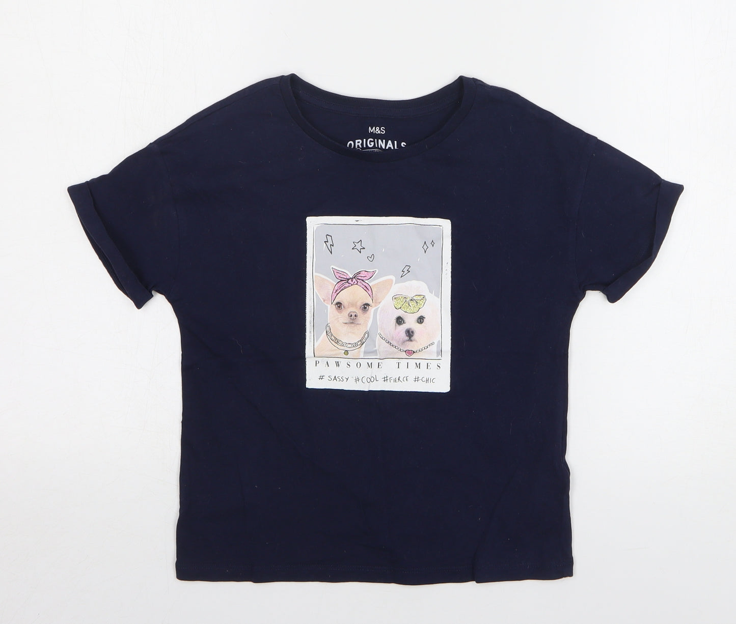 Marks and Spencer Girls Blue Cotton Basic T-Shirt Size 8-9 Years Round Neck