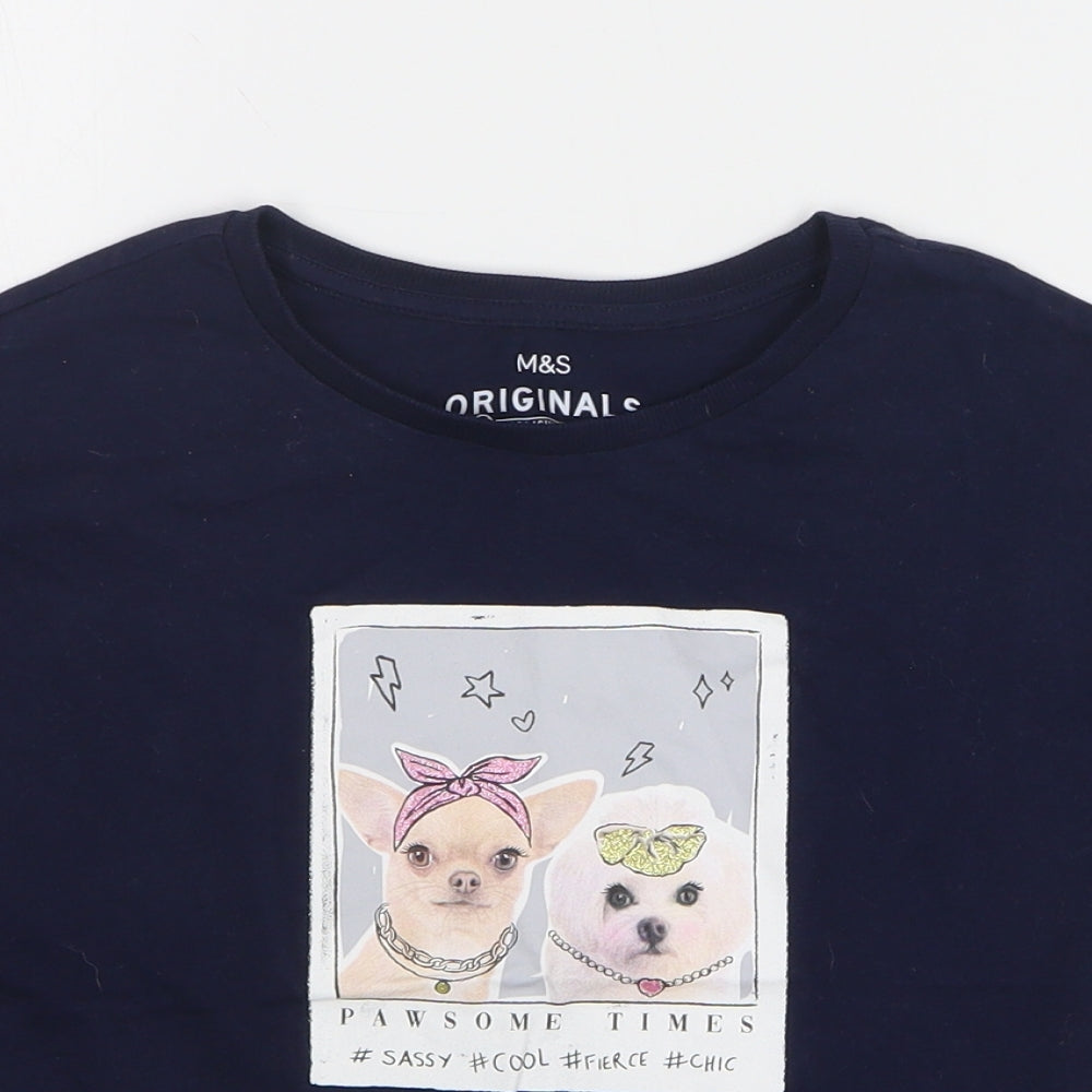 Marks and Spencer Girls Blue Cotton Basic T-Shirt Size 8-9 Years Round Neck