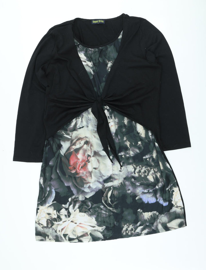 Sugar Crisp Womens Black Floral Polyester A-Line Size XL Scoop Neck