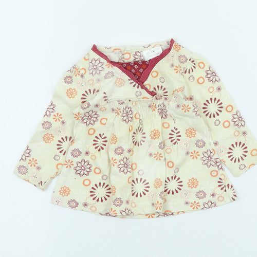 Preworn Girls Ivory Floral 100% Cotton Skater Dress Size 0-3 Months Crew Neck