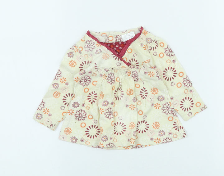 Preworn Girls Ivory Floral 100% Cotton Skater Dress Size 0-3 Months Crew Neck