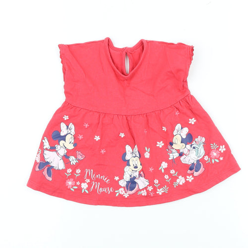 George Girls Pink 100% Cotton Skater Dress Size 6-9 Months High Neck - Minnie Mouse