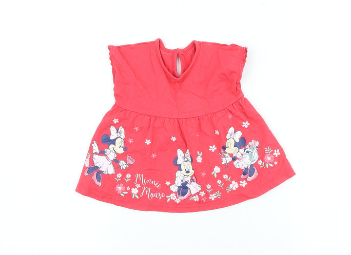George Girls Pink 100% Cotton Skater Dress Size 6-9 Months High Neck - Minnie Mouse