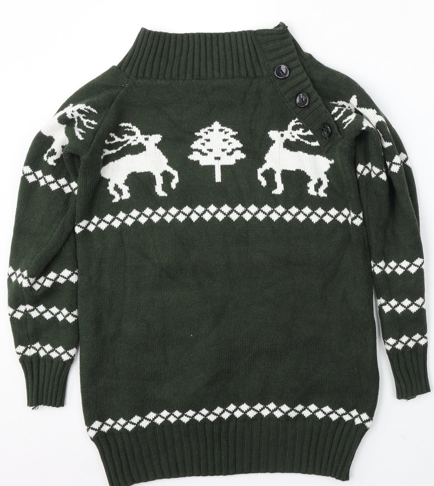 Preworn Womens Green Mock Neck Geometric Polyester Pullover Jumper Size M