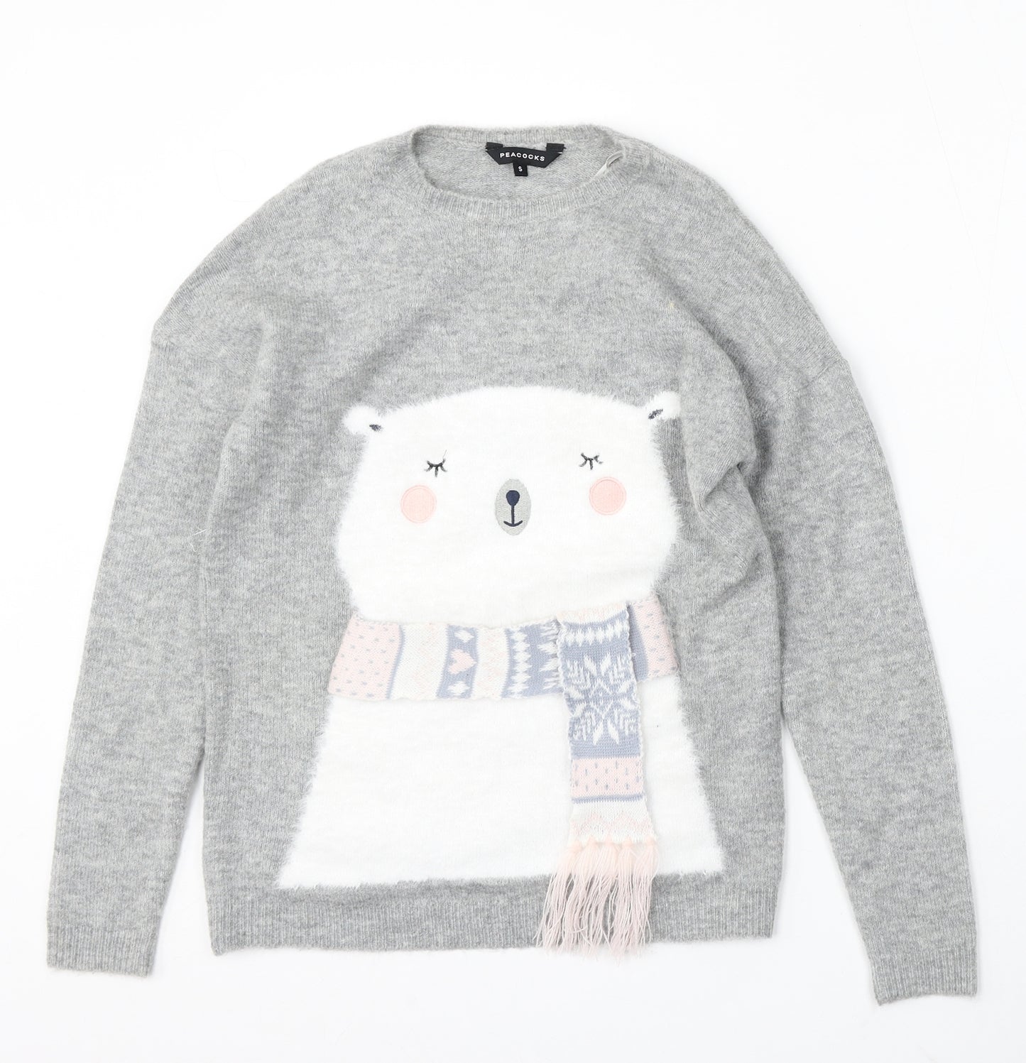 Peacocks Womens Grey Round Neck Acrylic Pullover Jumper Size S - Bear