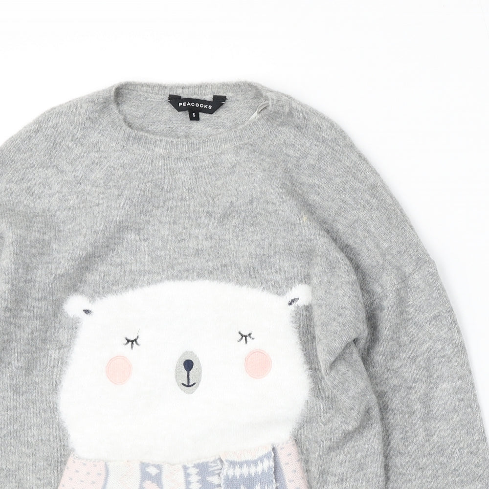 Peacocks Womens Grey Round Neck Acrylic Pullover Jumper Size S - Bear