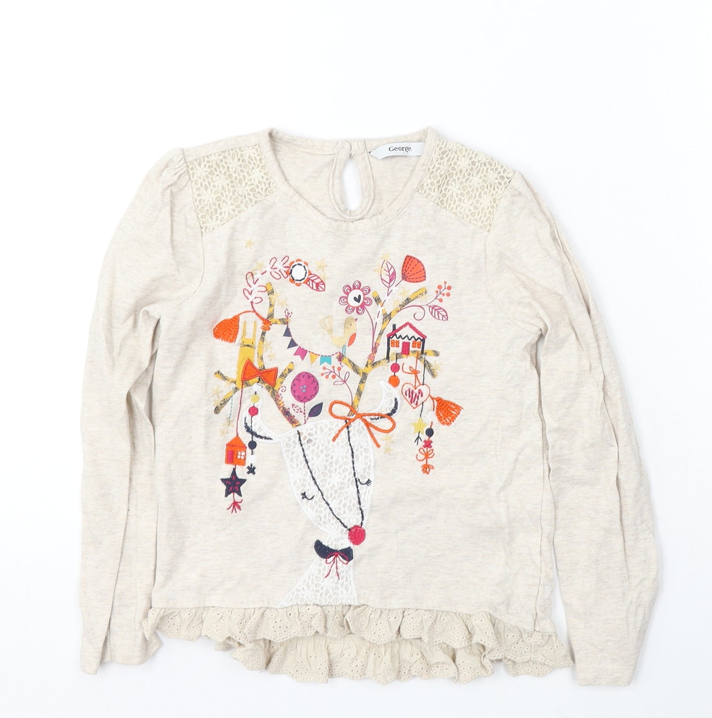 George Girls Beige Cotton Basic T-Shirt Size 5-6 Years Round Neck