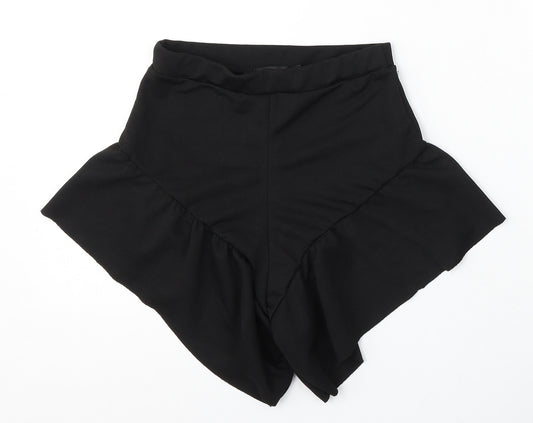Front view of PRETTYLITTLETHING women’s black polyester bermuda shorts, size UK 6, 4-inch leg regular