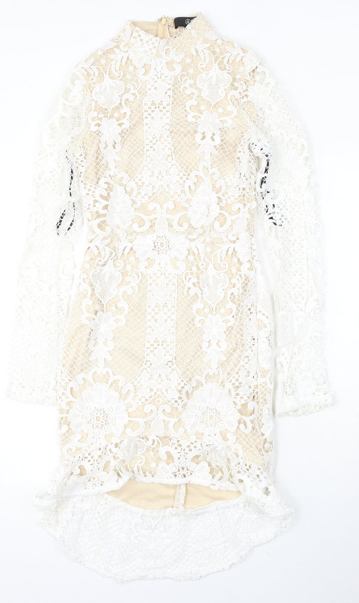 Missguided Womens White Polyester Bodycon Size 6 Round Neck Zip