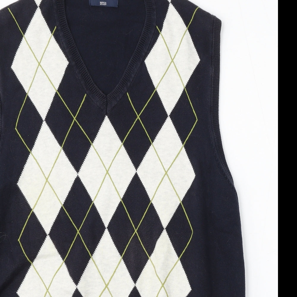 Marks and Spencer Mens Blue V-Neck Argyle/Diamond Cotton Pullover Jumper Size L