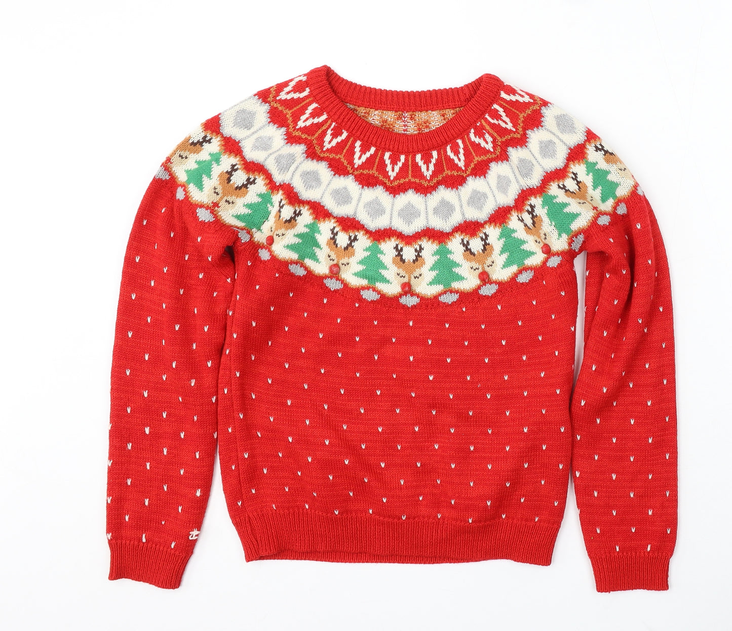Nutmeg Girls Red Round Neck Geometric Acrylic Pullover Jumper Size 12-13 Years - christmas