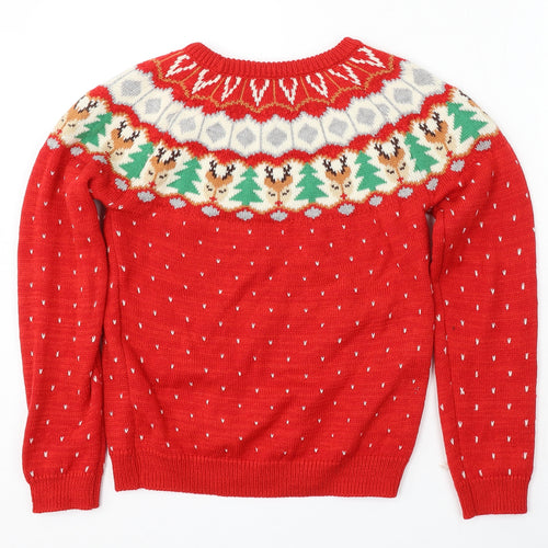 Nutmeg Girls Red Round Neck Geometric Acrylic Pullover Jumper Size 12-13 Years - christmas
