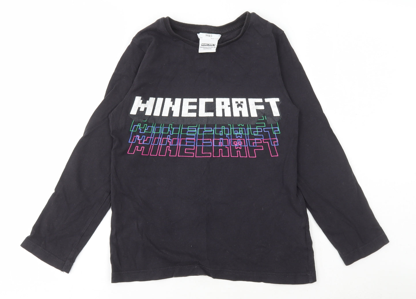 M&S Boys Black Cotton Basic T-Shirt Size 7-8 Years Round Neck - Minecraft