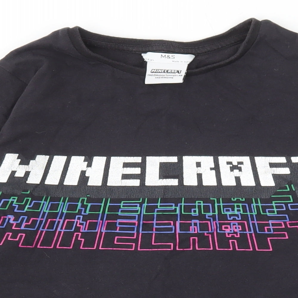 M&S Boys Black Cotton Basic T-Shirt Size 7-8 Years Round Neck - Minecraft