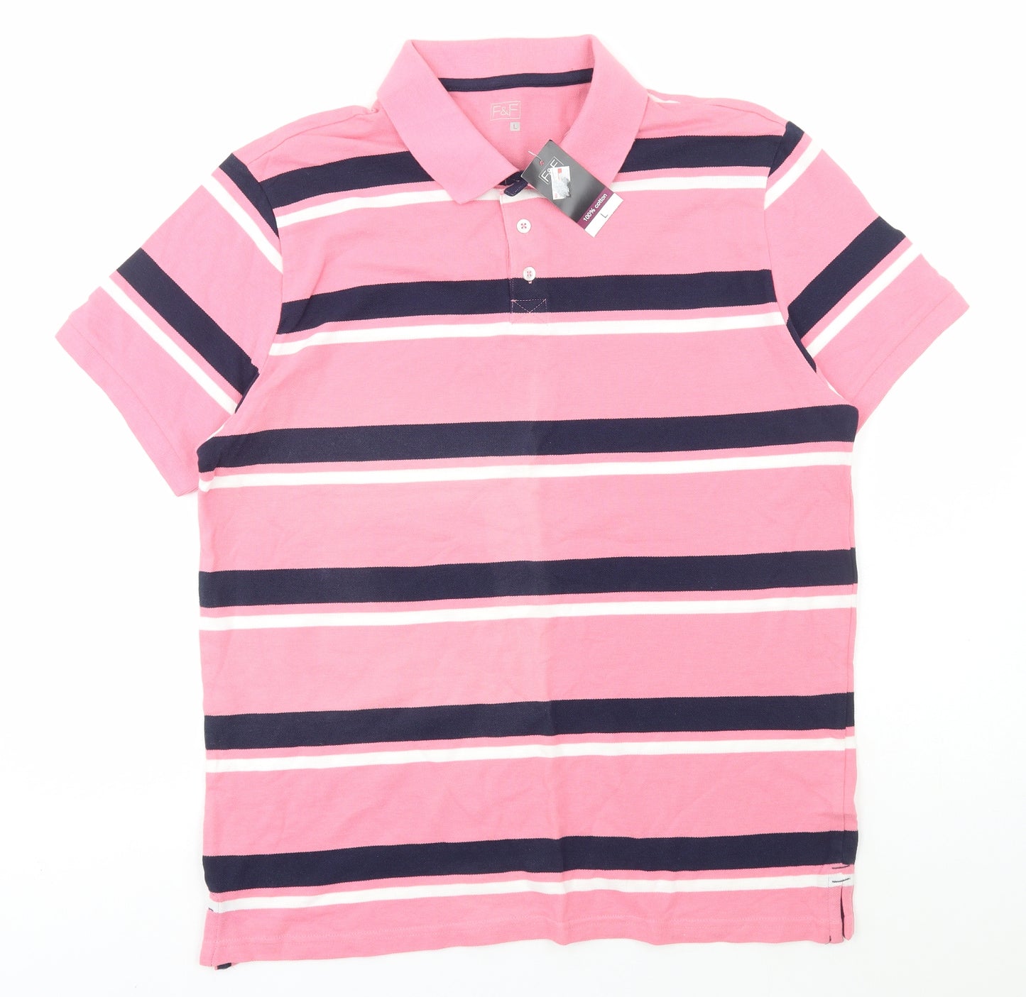 F&F Mens Pink Striped Cotton Polo Size L Collared