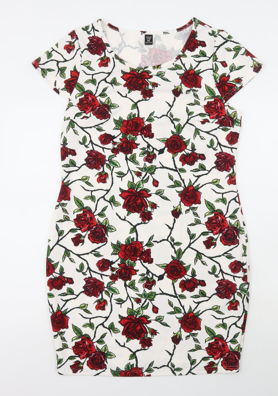 SheIn Womens White Floral Elastane Bodycon Size XL Round Neck