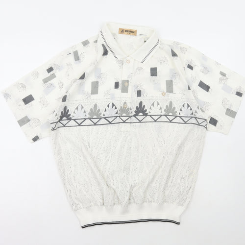 Belair Womens White Geometric Polyester Basic Blouse Size M Collared