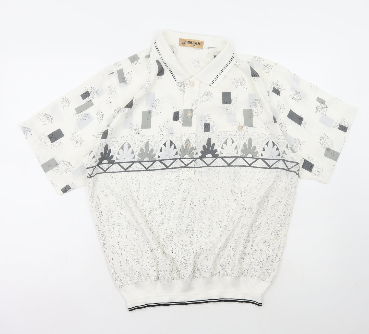 Belair Womens White Geometric Polyester Basic Blouse Size M Collared