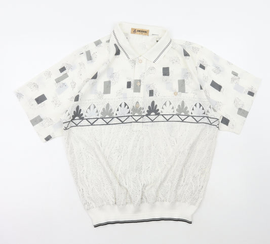 Front view of Belair women’s white geometric polyester basic blouse, size M, collared