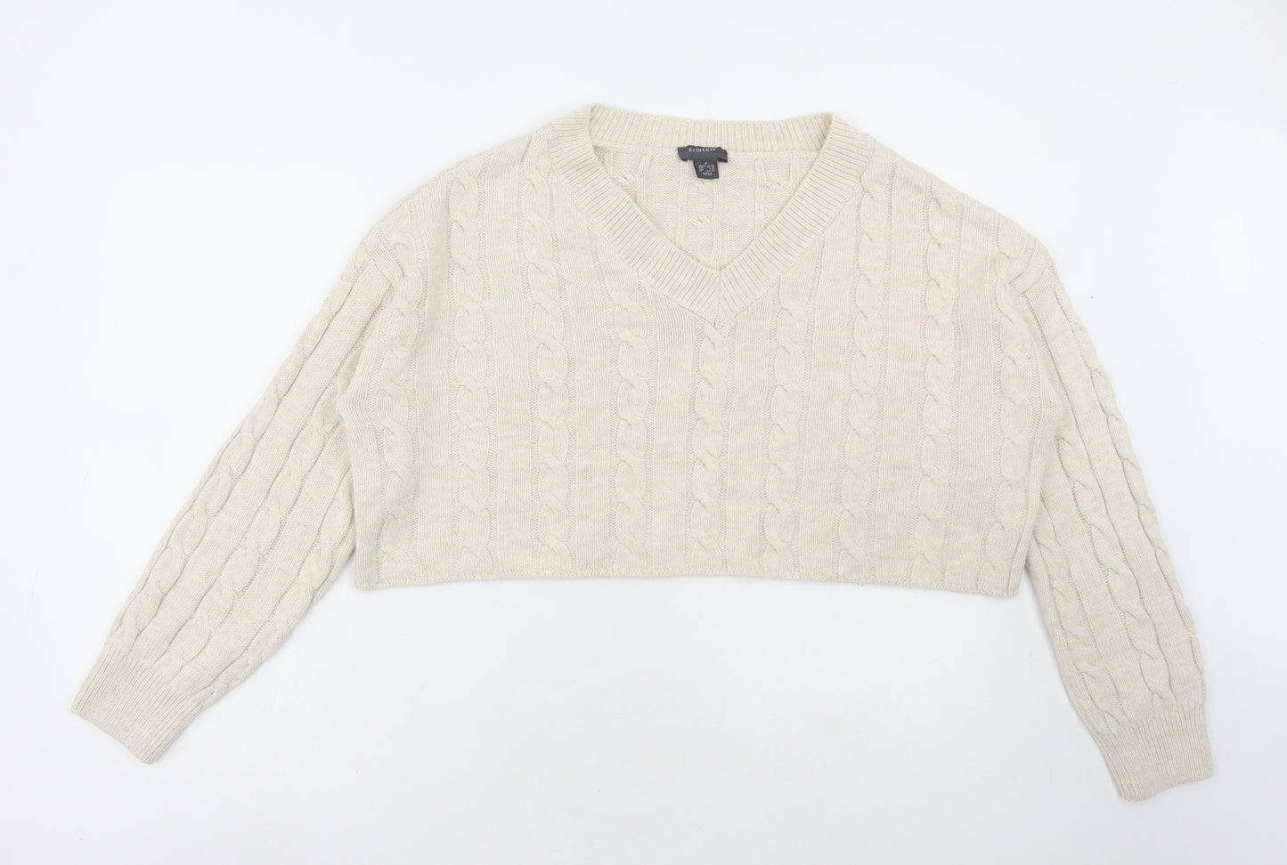 Primark Womens Beige V-Neck Acrylic Pullover Jumper Size M