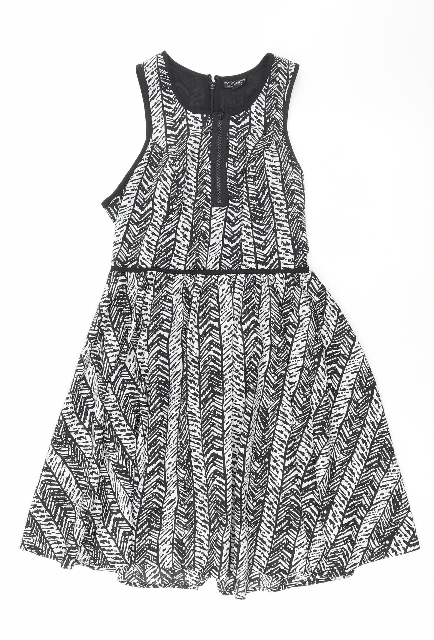 Topshop Womens Black Geometric Polyester Skater Dress Size 10 Round Neck