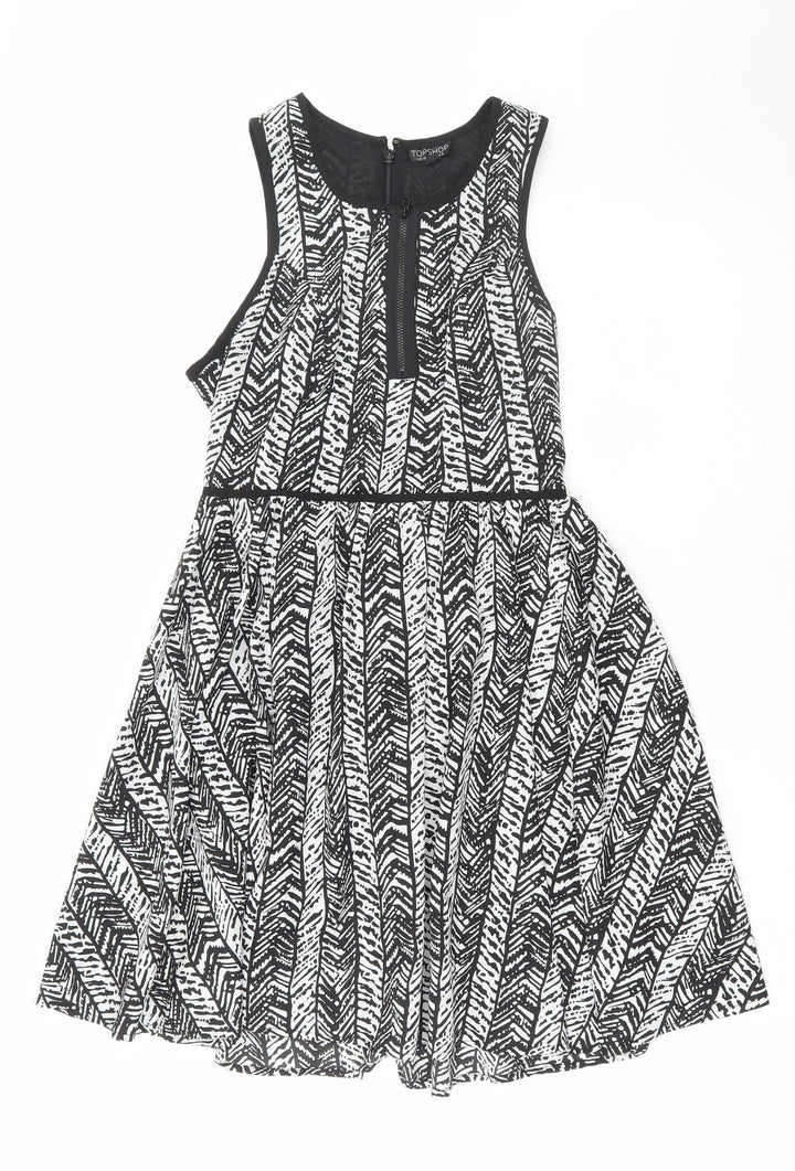 Topshop Womens Black Geometric Polyester Skater Dress Size 10 Round Neck