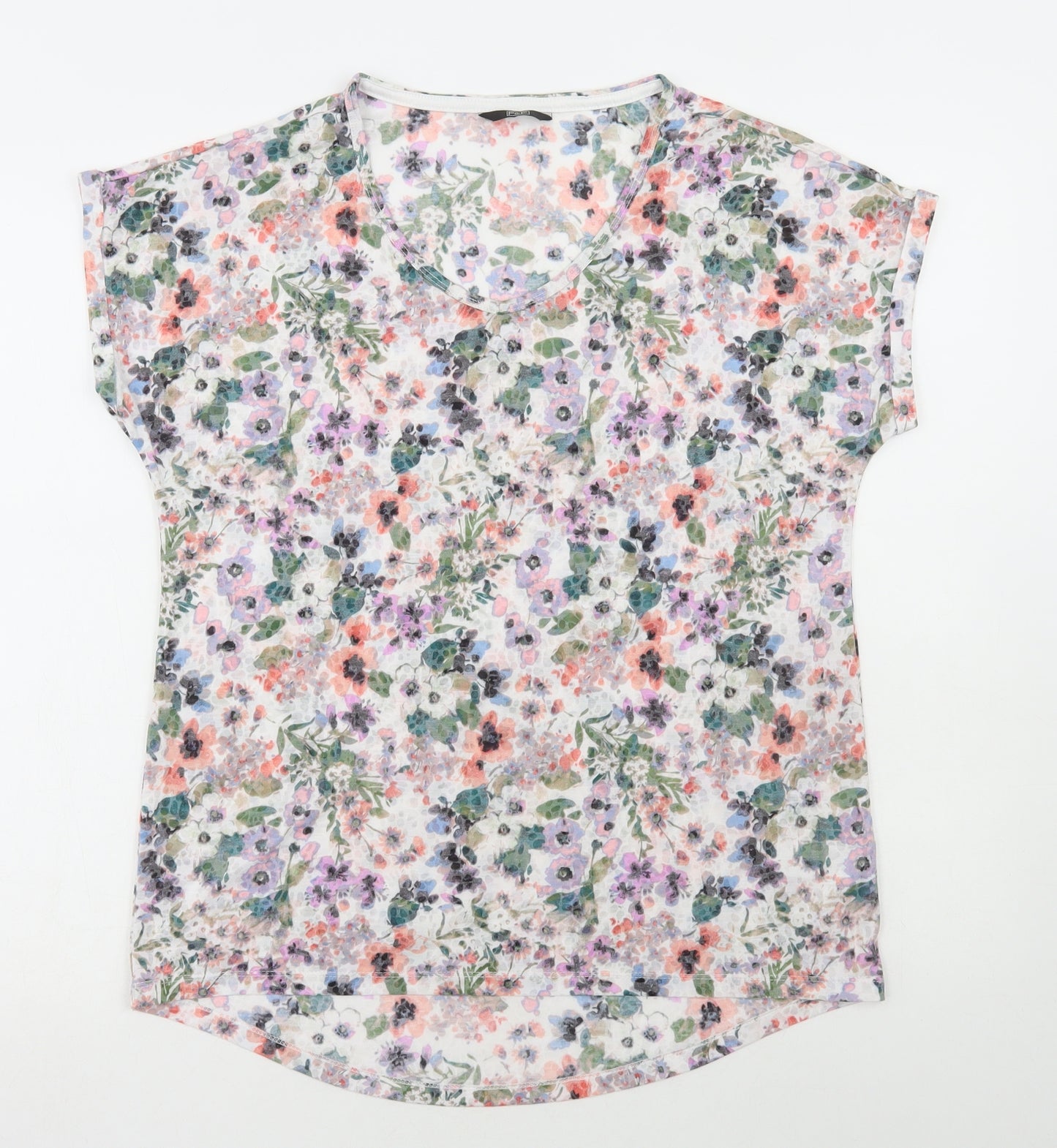F&F Womens White Floral Polyester Basic T-Shirt Size 14 Round Neck