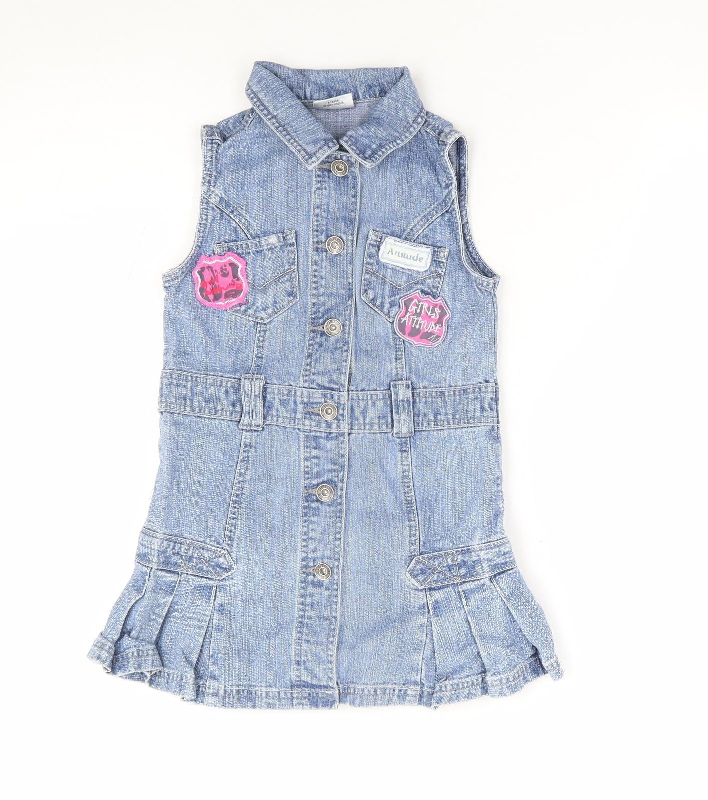NEXT Girls Blue Geometric 100% Cotton Shirt Dress Size 5 Years Collared Button