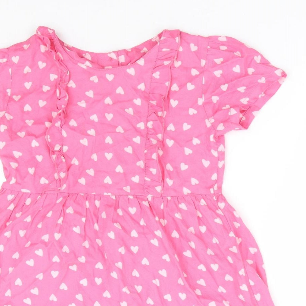 Matalan Girls Pink Geometric Viscose Fit & Flare Size 5-6 Years Round Neck Button - Heart