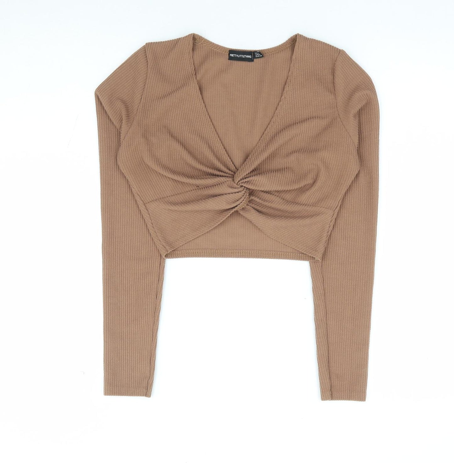 Pretty Little Thing Womens Brown Polyester Cropped T-Shirt Size 10 V-Neck